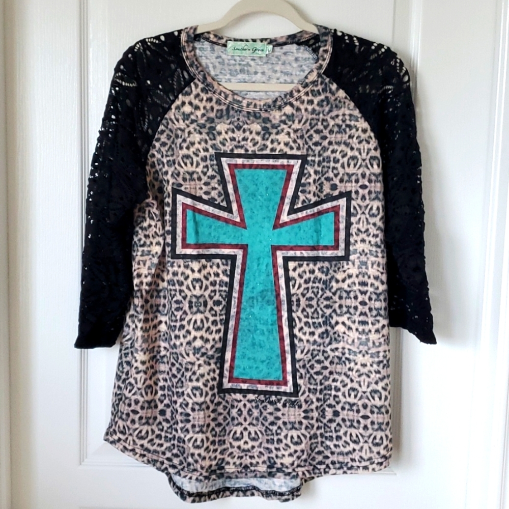 Southern Grace Leopard Print Top with Teal Cross and Black Lace Sleeves